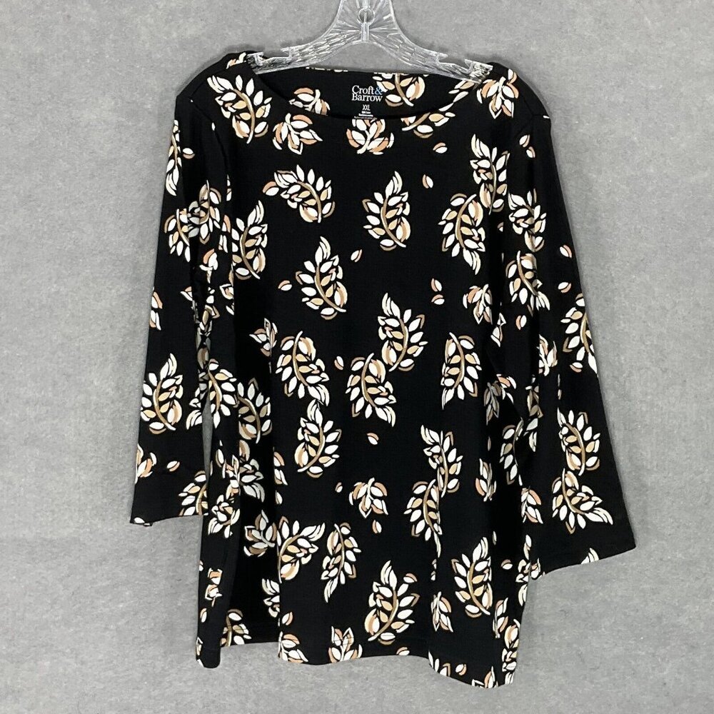 Croft & Barrow‎ Top Women 2X Dark Floral 3/4 Sleeve 100% Cotton Pull On Casual